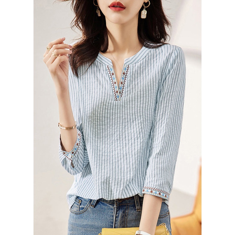 New Blue Embroidered Striped Cotton Blouses Bracelet Sleeve
