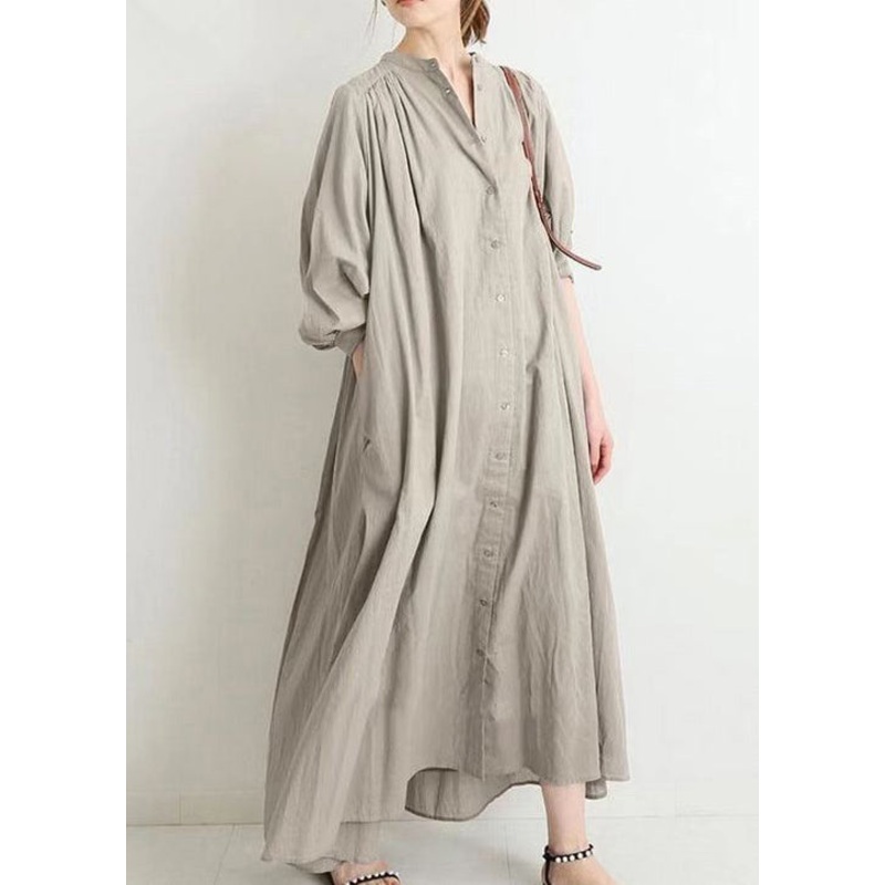 Plus Size Apricot O Neck Button Cotton Shirts Dress Spring