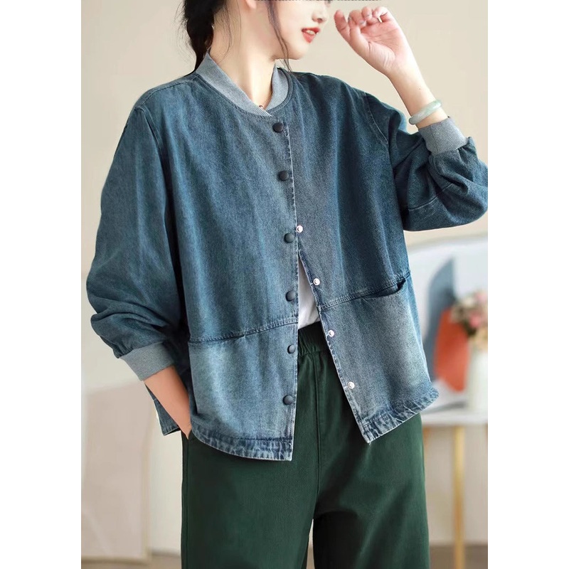 Plus Size Blue Pockets Button Denim Coat Spring