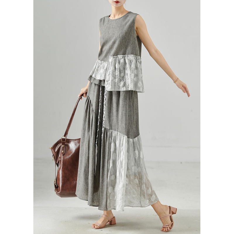 Plus Size Grey Asymmetrical Patchwork Linen Two Piece Set Women Clothing Sleeveless