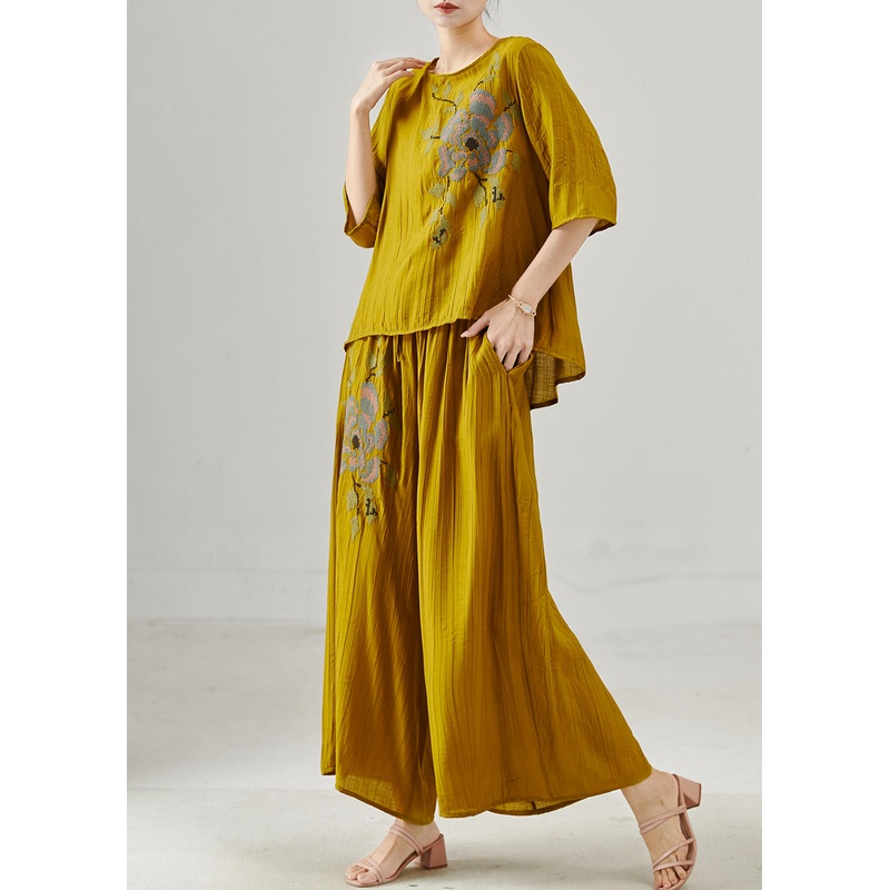 Plus Size Yellow Embroidered Cotton Two Pieces Set Summer