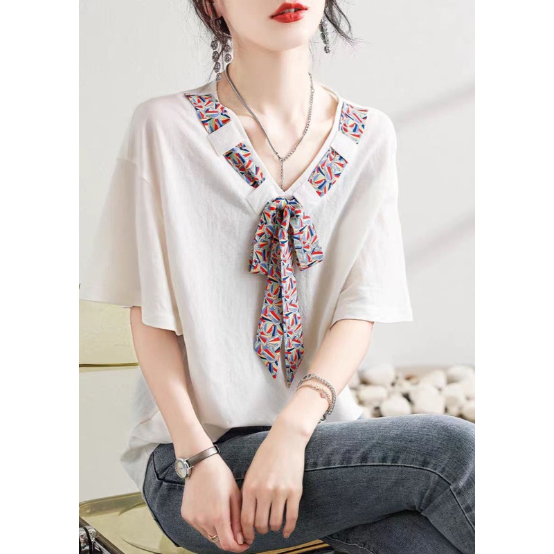 Style White V Neck Bow Patchwork Cotton Top Summer