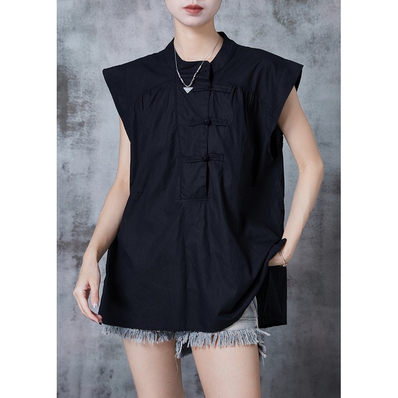 Stylish Black Chinese Button Cotton Tops Sleeveless