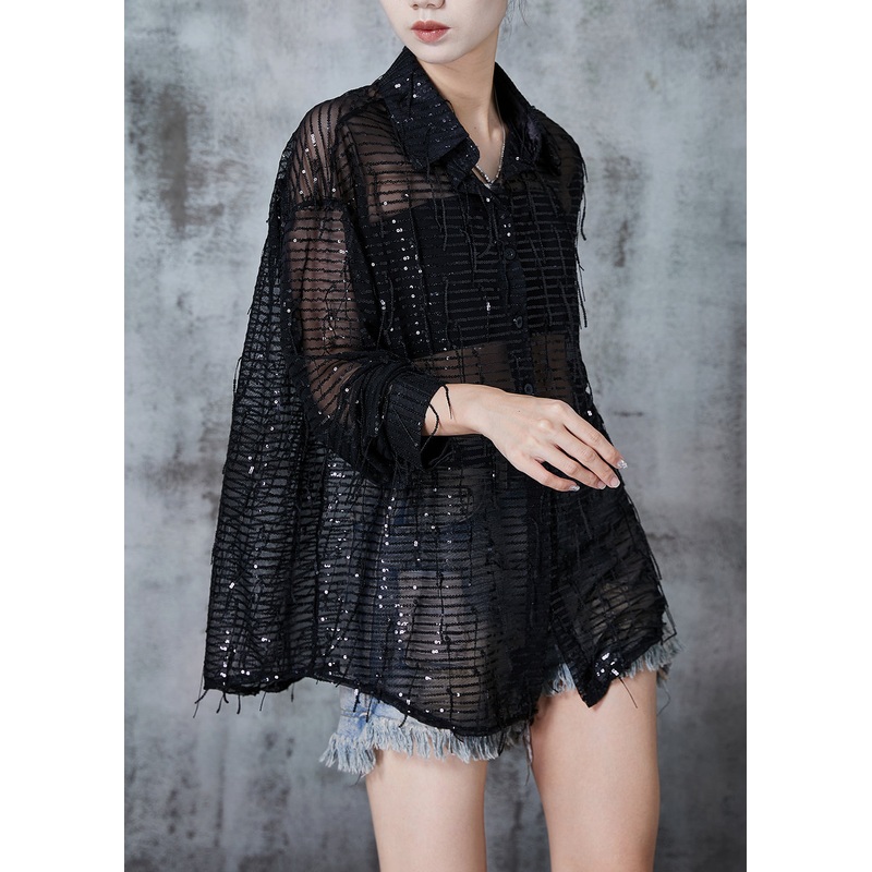 Stylish Black Tasseled Sequins Tulle Hollow Out Tops Summer