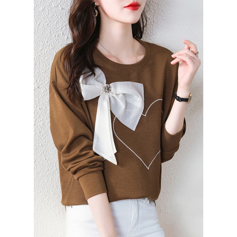 Stylish Coffee O Neck Bow Cotton Sweatshirt Streetwear Spring