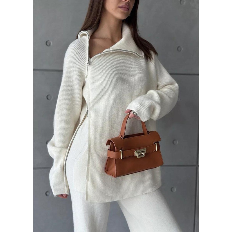 Stylish White High Neck Zip Up Knit Women Sets 2 Pieces Spring