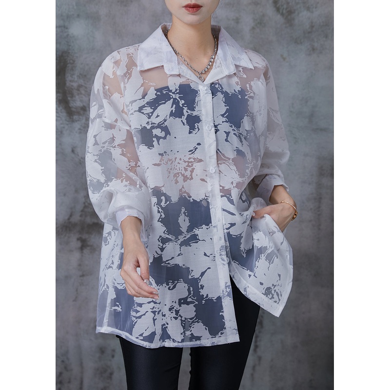 Stylish White Oversized Print Chiffon UPF 50+ Top Summer