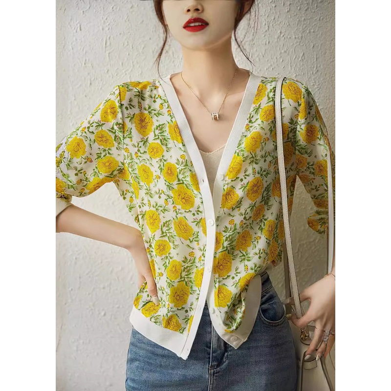 Stylish Yellow V Neck Jacquard Ice Silk Knit Cardigan Summer