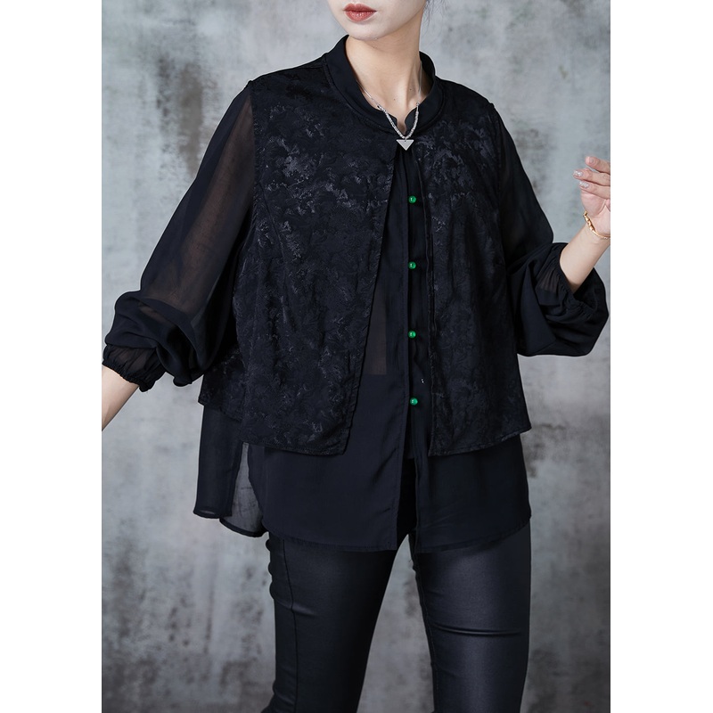 Unique Black Jacquard Patchwork Silk Fake Two Piece Tops Spring