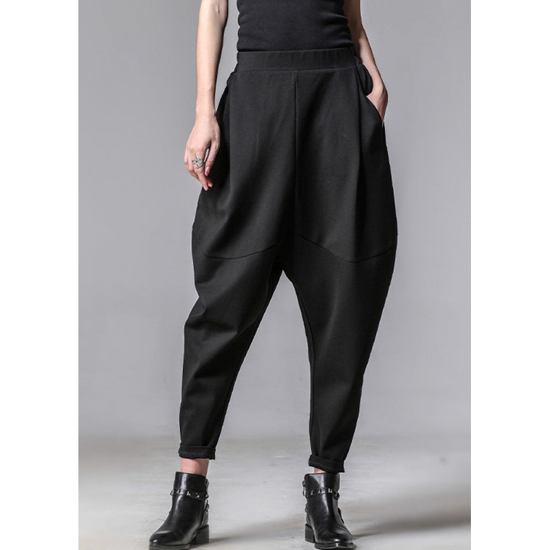 Unique Black Pockets Elastic Waist Cotton Harem Pants Spring