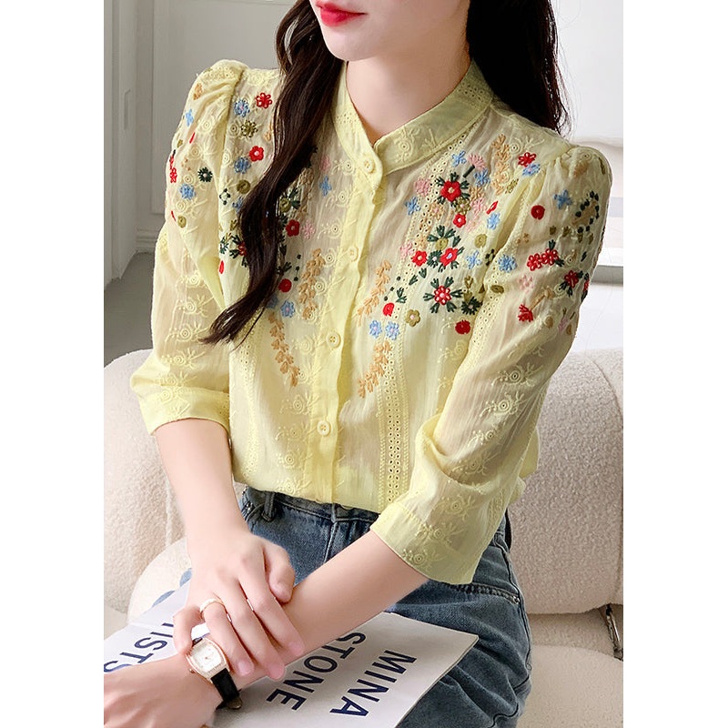 Unique Yellow Stand Collar Embroidered Cotton Blouses Summer