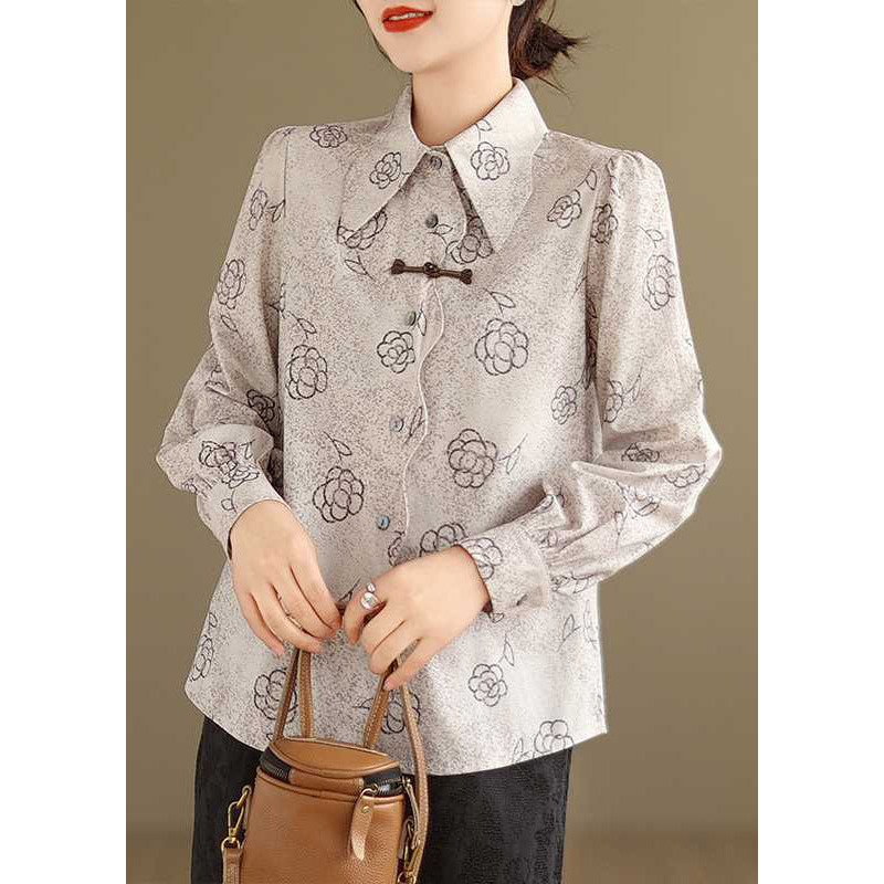 Vintage Apricot Peter Pan Collar Print Cotton Shirt Tops Spring