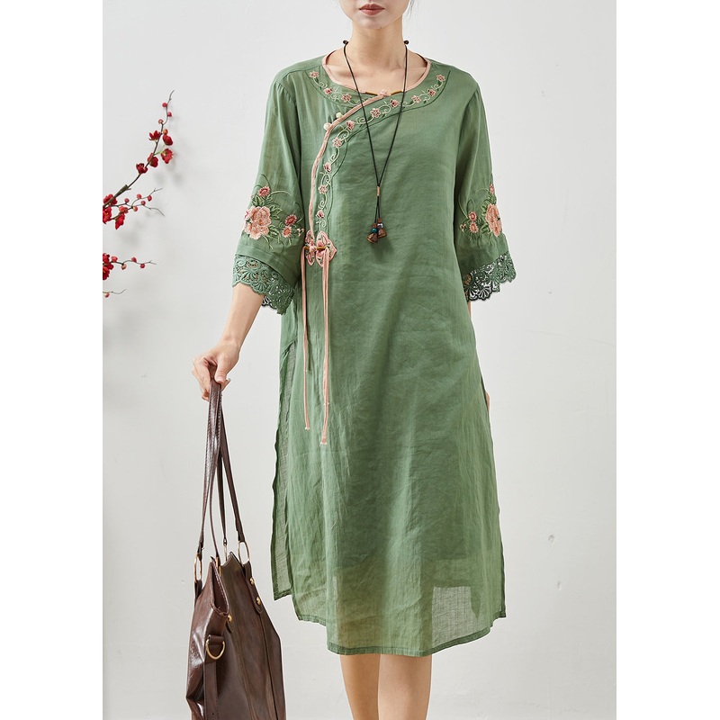 Vintage Green Tasseled Embroidered Linen Dresses Summer