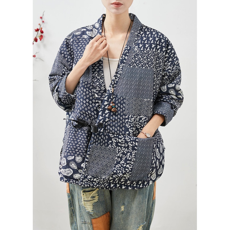 Vintage Navy Oversized Print Linen Coat Spring