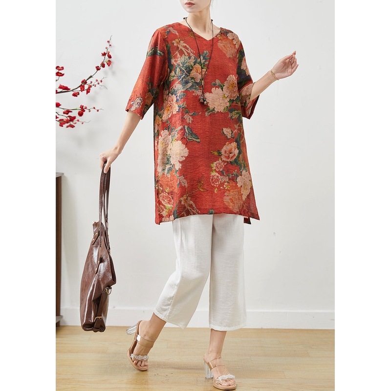 Vintage Red Oversized Print Linen Two-Piece Set Summer