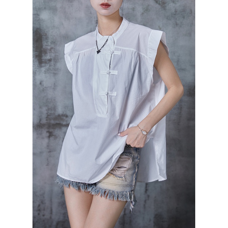 White Cotton Tops Oversized Chinese Button Summer