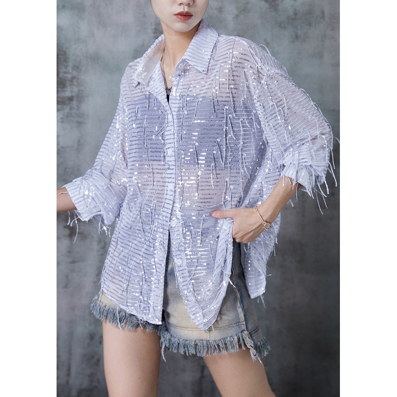 White Oversized Tulle Shirt Tops Tasseled Sequins Summer