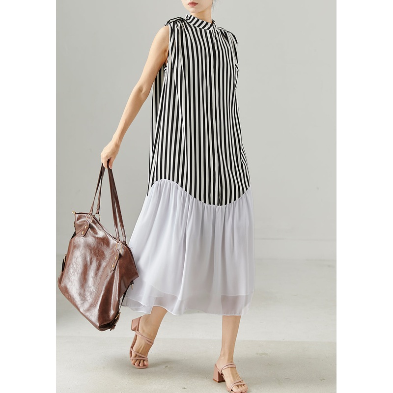 Women Black Striped Patchwork Chiffon Holiday Dress Sleeveless