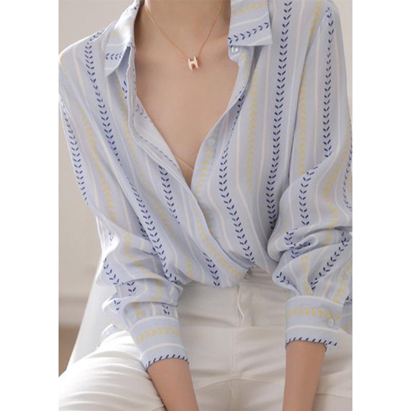 Women Blue Peter Pan Collar Striped Cotton Blouse Top Spring