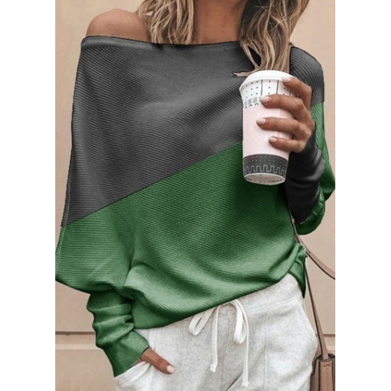Women Green O Neck Patchwork Cotton Tops Batwing Sleeve