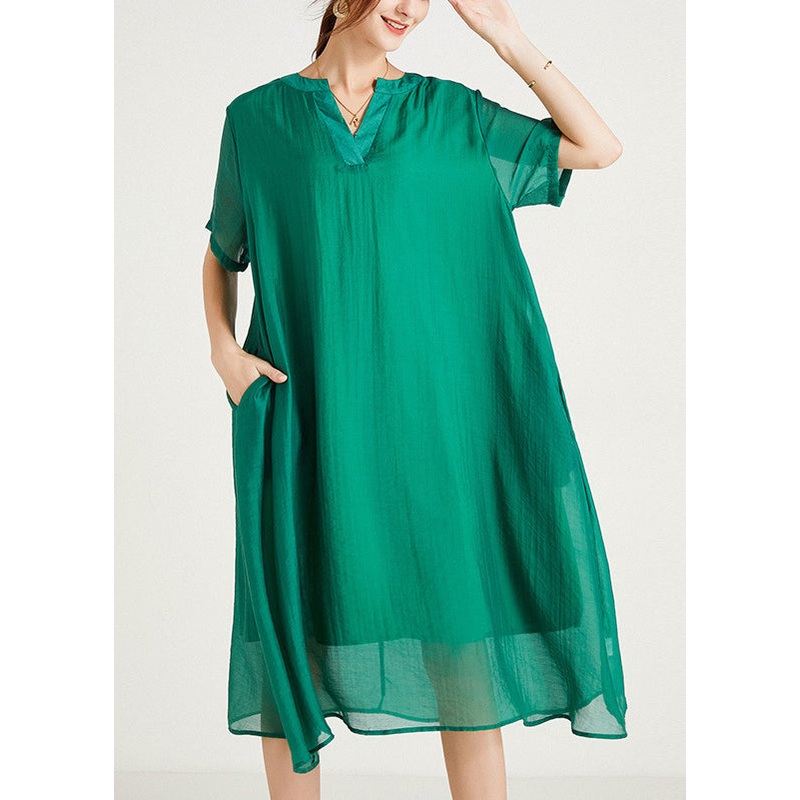 Women Green V Neck Plus Size Cotton Dresses Summer