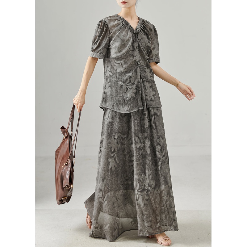 Women Grey Print Wrinkled Chiffon Two Pieces Set Summer