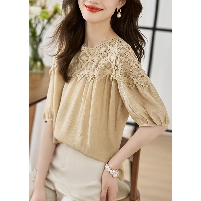 Women Khaki O Neck Lace Patchwork Cotton Top Lantern Sleeve
