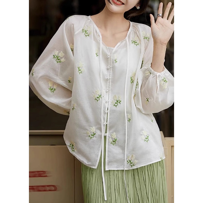 Women White Embroidered Lace Up Cotton Shirt Set Spring