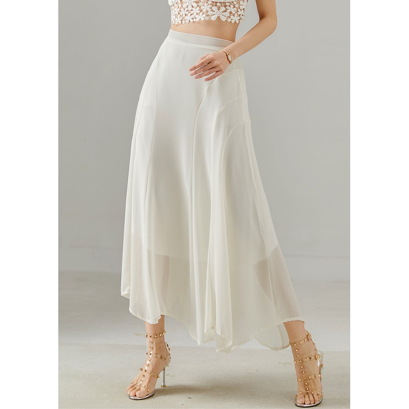 Women White Patchwork Draping Chiffon Skirts Summer