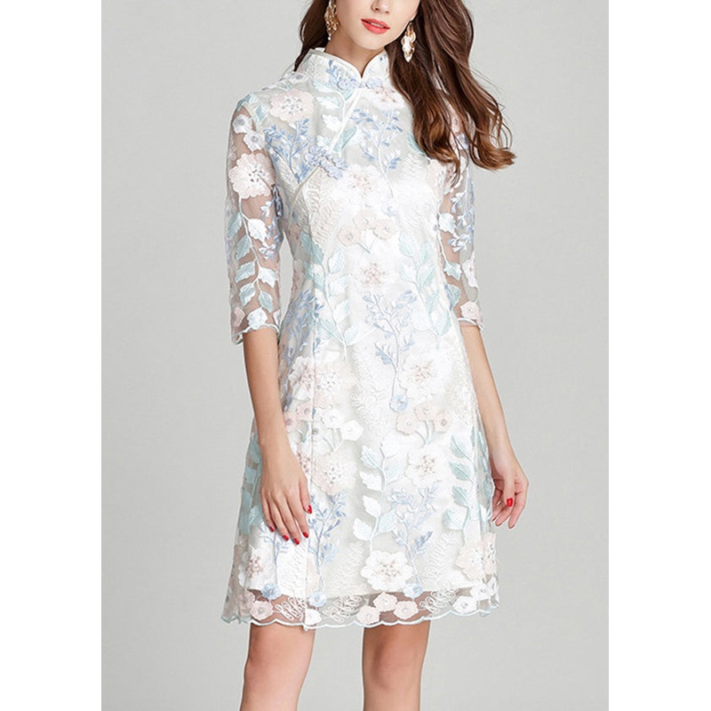 Women White Stand Collar Embroidered Silk Mid Dresses Summer