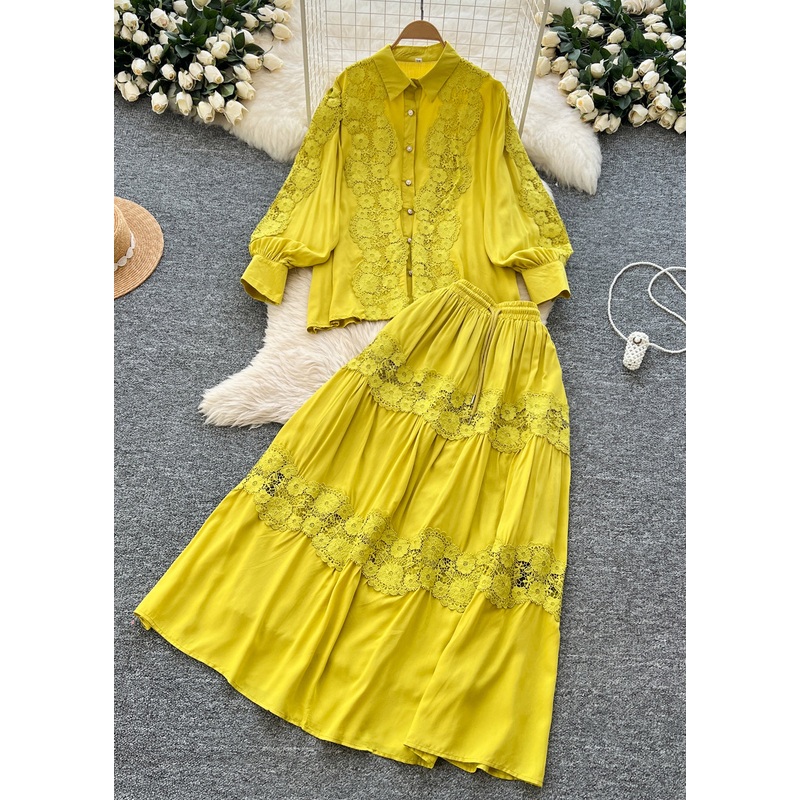 Yellow Patchwork Lace 2 Piece Outfit Exra Large Hem Spring