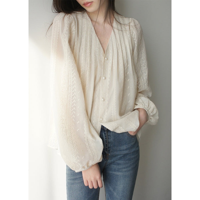 Art Apricot Embroidered Chiffon Shirt Lantern Sleeve