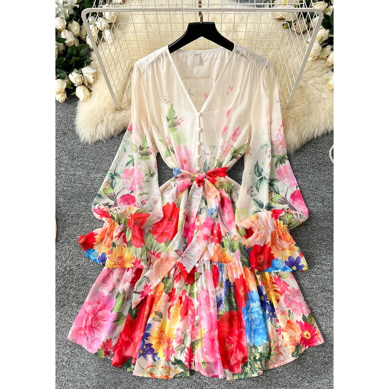 Art Apricot V Neck Print Chiffon Work Dress Spring