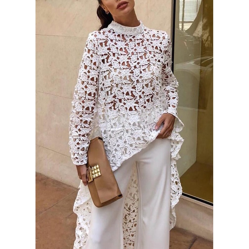 Art White Low High Design Hollow Out Lace Top Spring