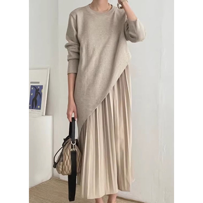 Beautiful Khaki Asymmetrical Wrinkled Knit Dress Two Piece Set Spring