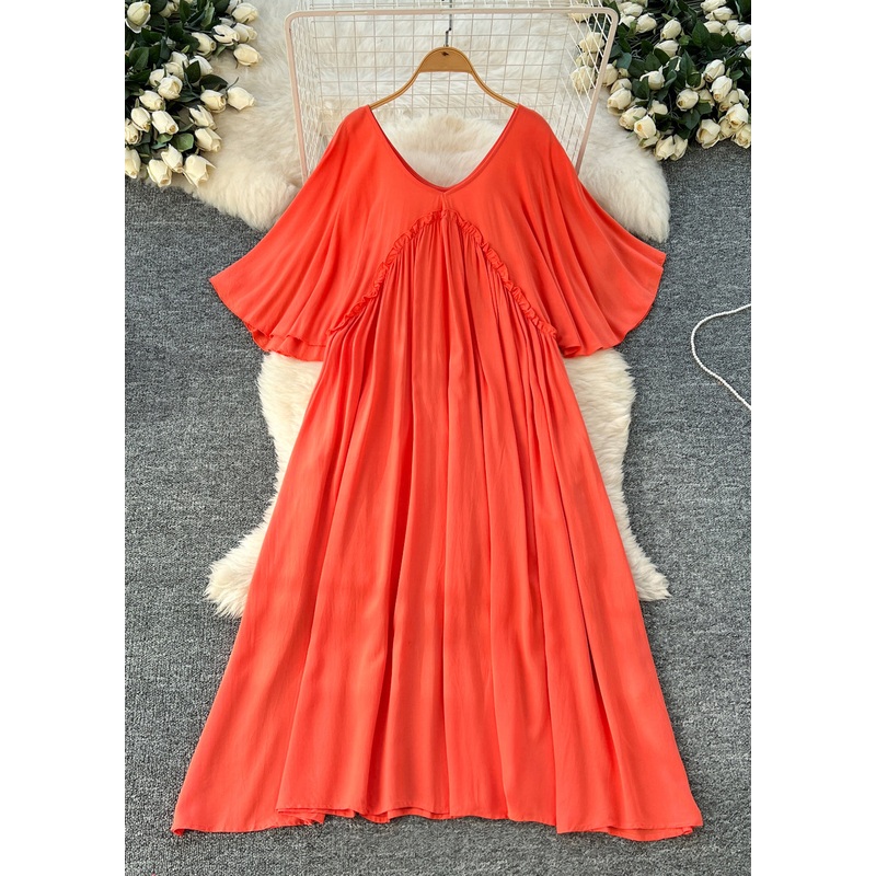 Beautiful Orange Ruffled Cotton A Line Dresses Batwing Sleeve