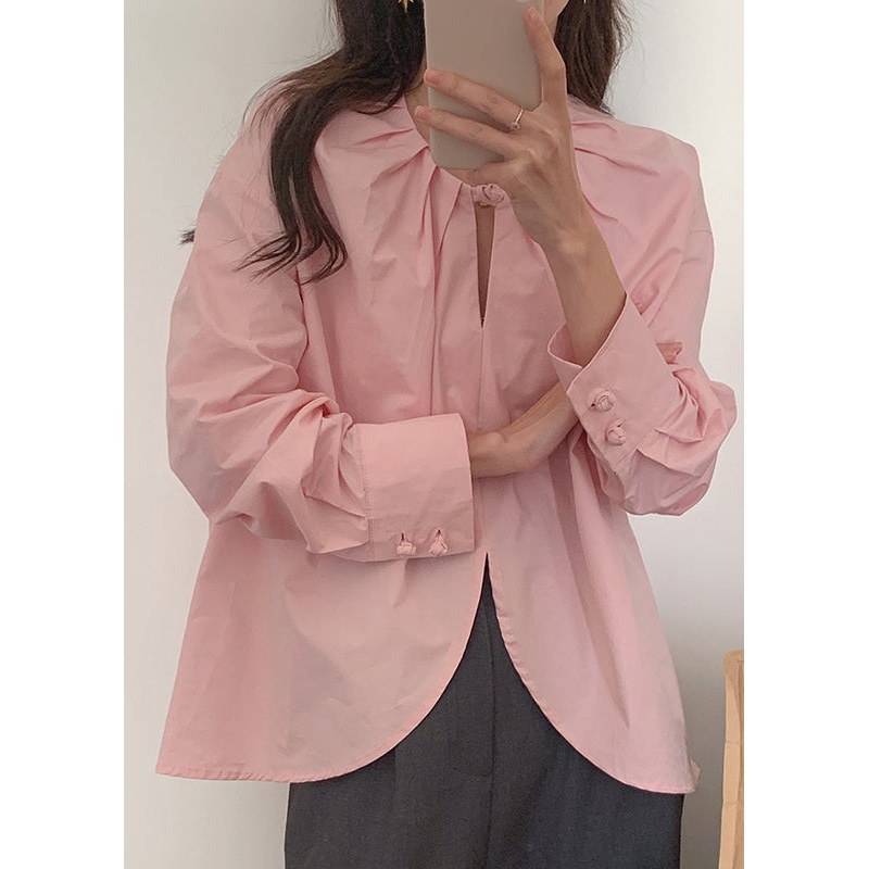 Beautiful Pink O-Neck Chinese Button Cotton Shirt Top Spring