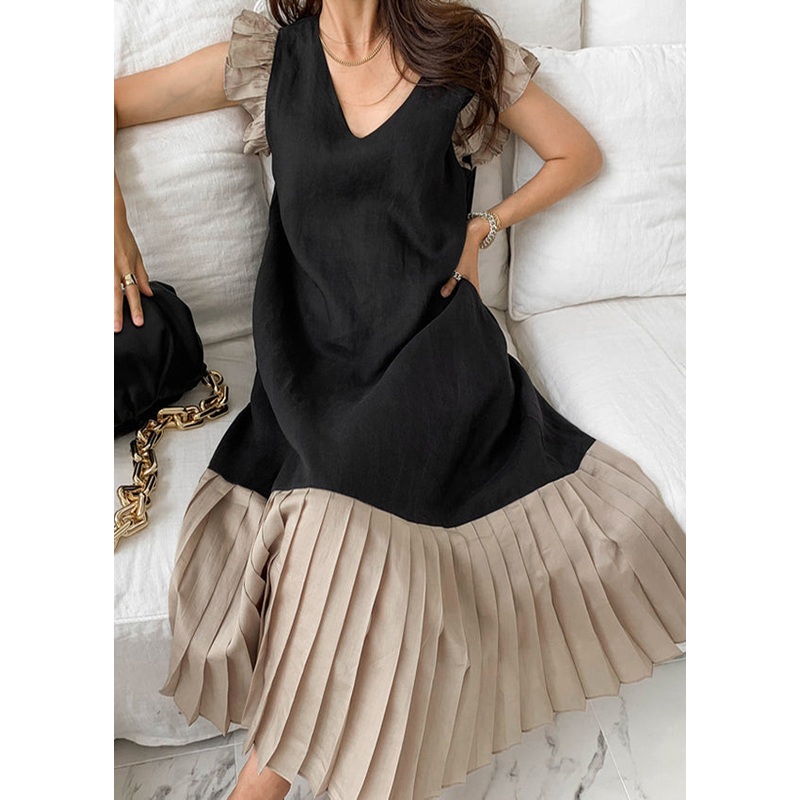 Black Patchwork Cotton Pleated Dress Butterfly Sleeve