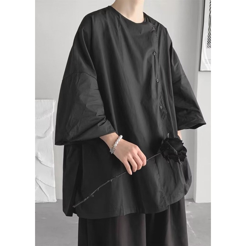 Bohemian Black Asymmetrical Oversized Cotton Shirts Spring