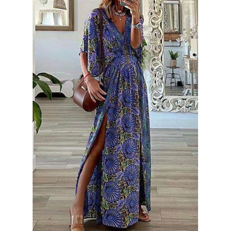 Bohemian Blue Print Side Open Cotton Beach Dress Summer