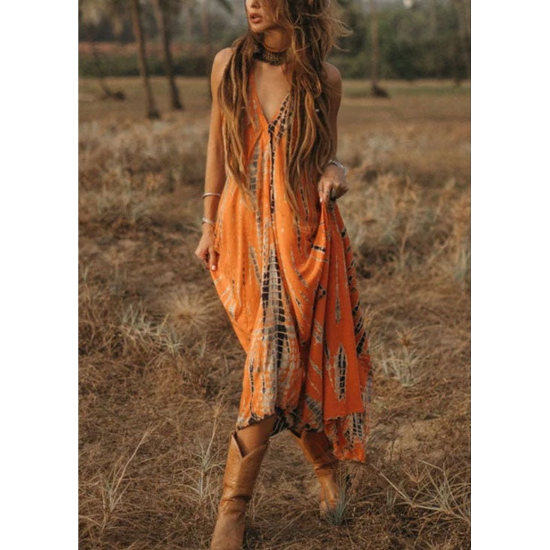 Bohemian Orange V Neck Print Chiffon Spaghetti Strap Dress Summer
