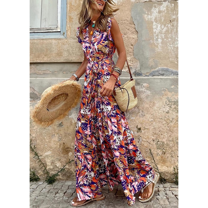 Bohemian Print Tie Waist Cotton Long Dress Sleeveless