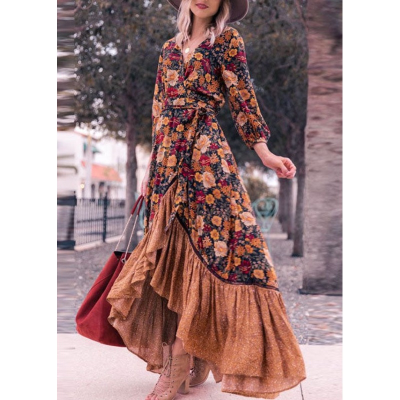 Bohemian V Neck Print Tie Waist Cotton Long Dresses Spring