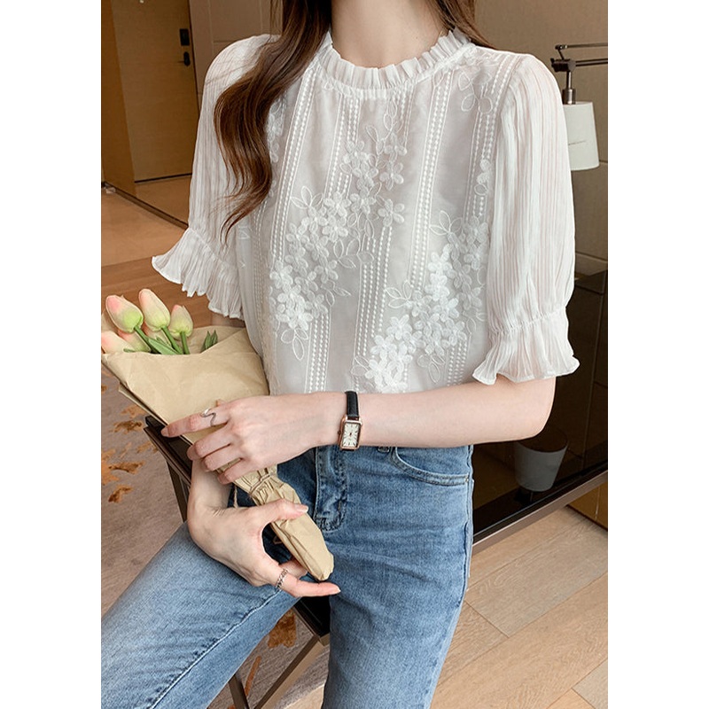 Bohemian White Embroidered Floral Chiffon Shirts Summer