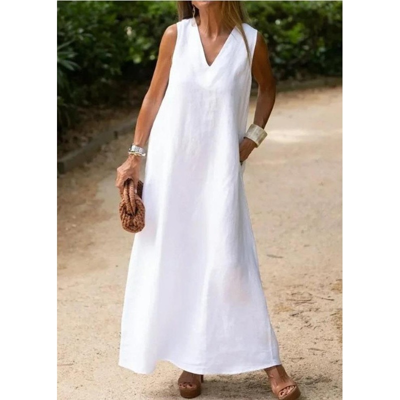 Bohemian White V Neck Cotton A Line Dress Sleeveless