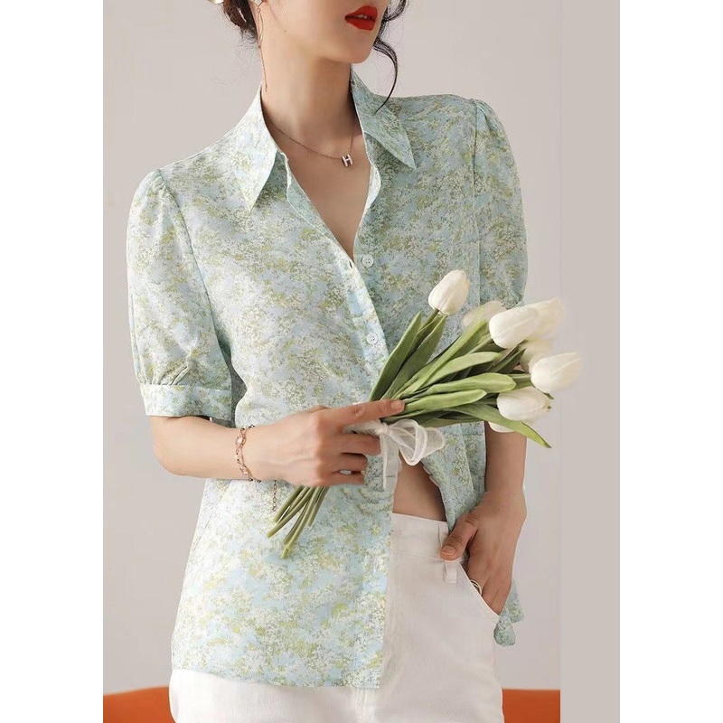 Boutique Light Green Print Cotton Shirt Tops Summer