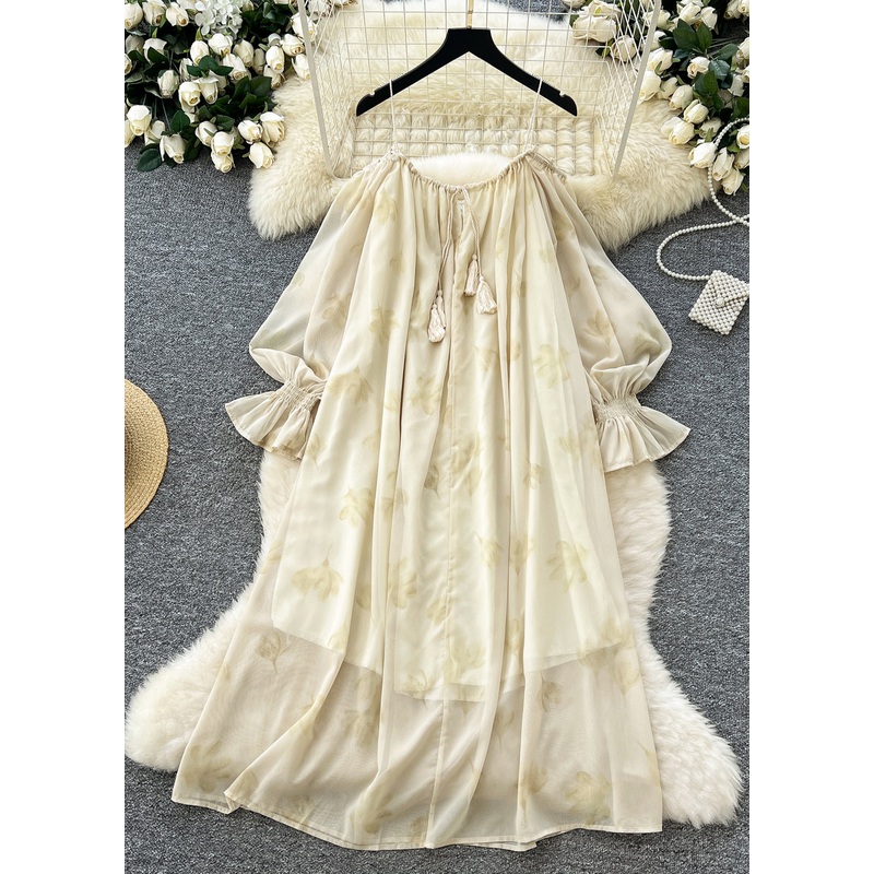 Casual Apricot Cold Shoulder Print Chiffon Cami Dress Summer