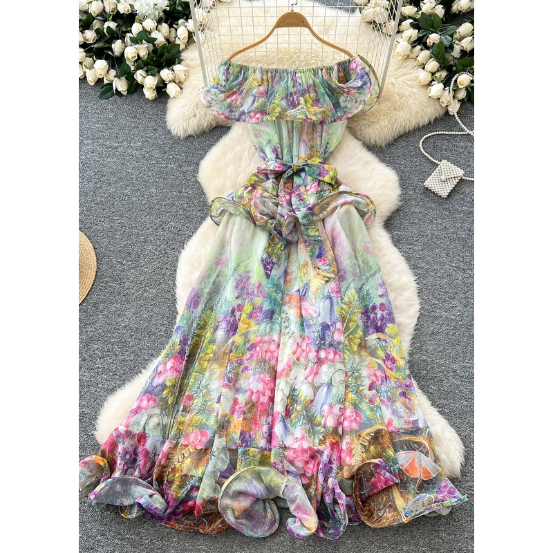 Casual Green Slash Neck Print Chiffon Holiday Dress Summer