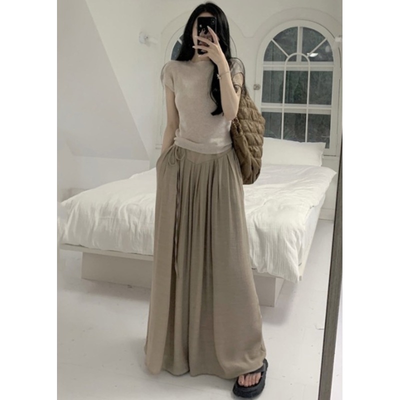 Casual Khaki Silm Fit Tops And Wide Leg Pants Two Pieces Set Summer