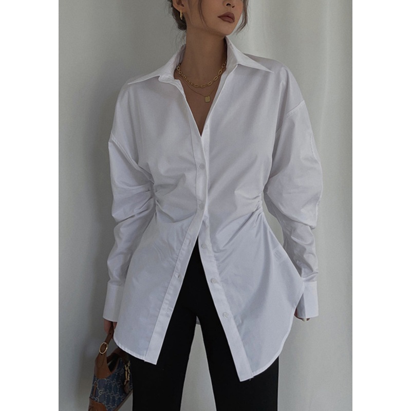 Casual White Cinched Cotton Blouse Tops Spring